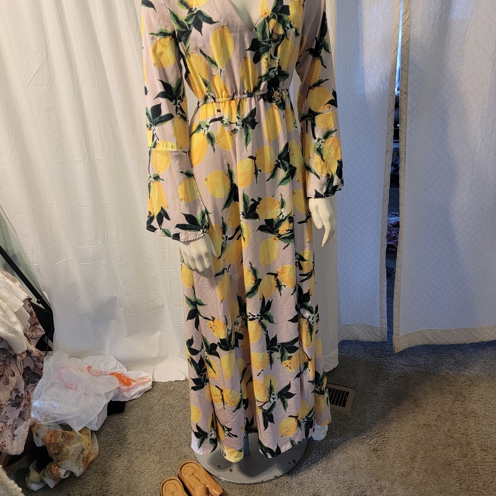 Coquette Girl Lemon Print Belle Sleeve Maxi Dress Whimsical - Picture 2 of 14